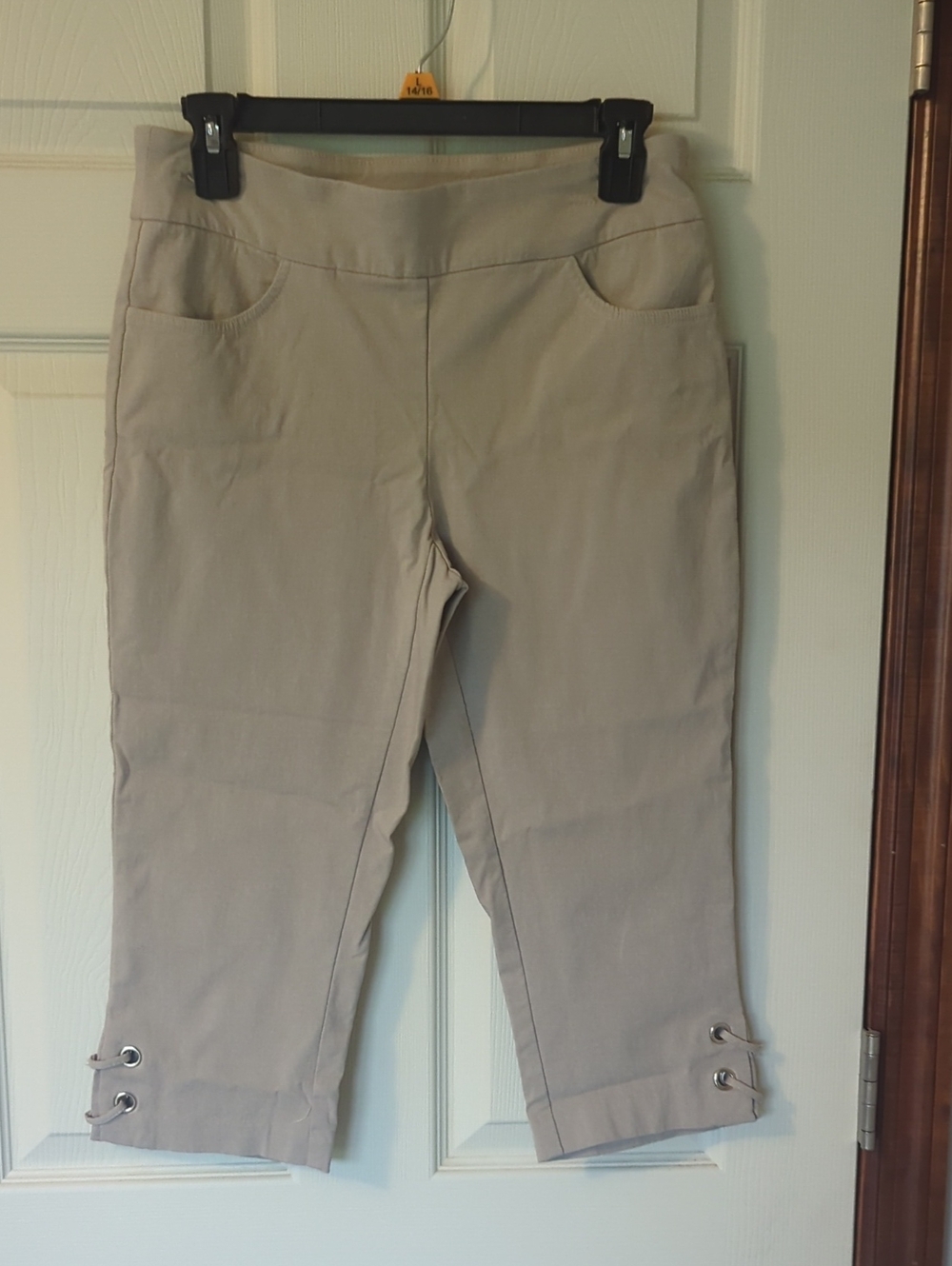 Women's Beige Capri Pants with Hem Grommet Detail